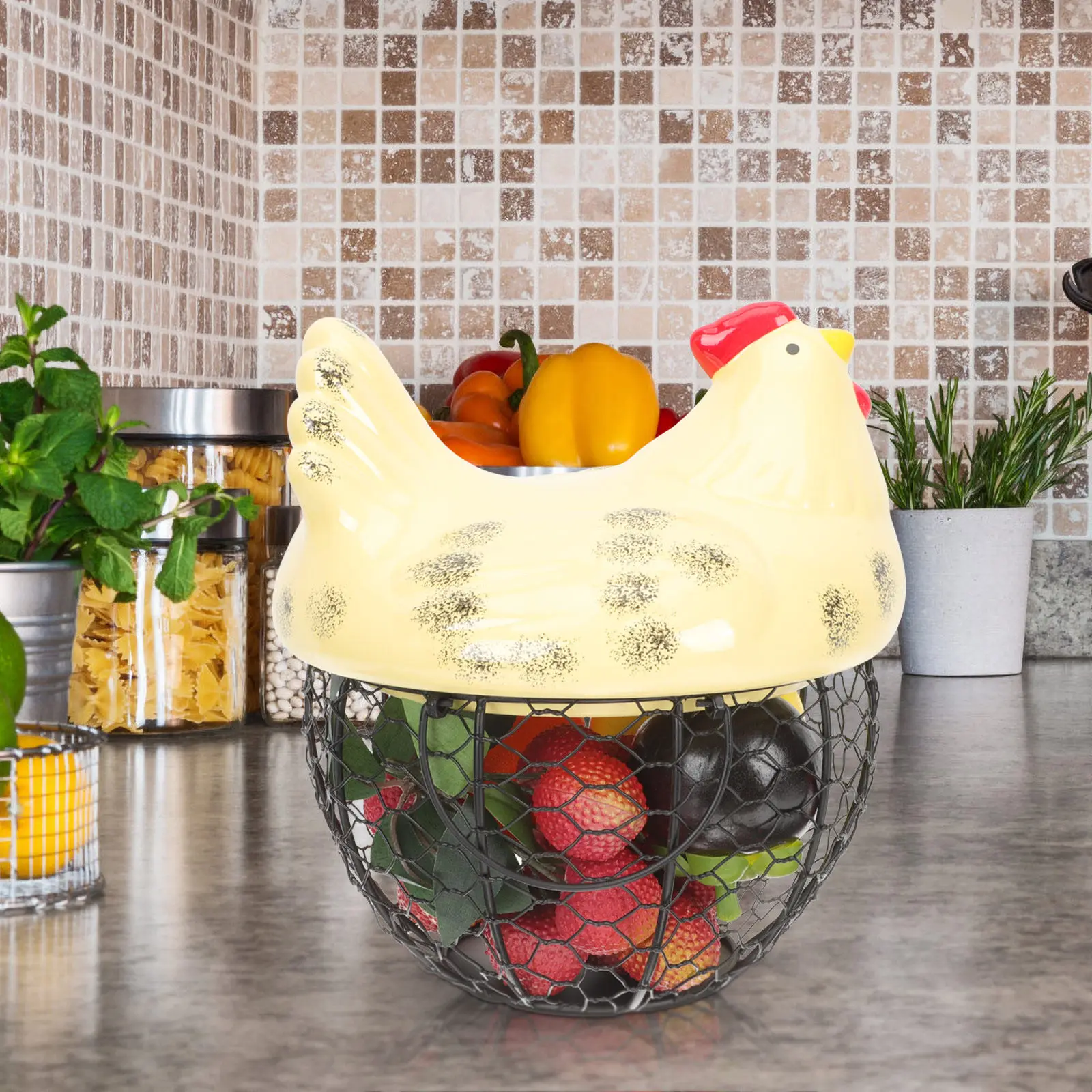 

Hen Shape Egg Storage Basket Ceramic Metal Mesh Wire Kitchen Household Decorative Basket Multi-Function Egg Fruit Vegetable