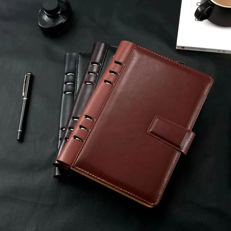 Imagem -05 - Loose-leaf Black Leather Company Notebook a5 a6 b5 Ring Binder Planejador de Revistas Logotipo Personalizado Material de Escritório