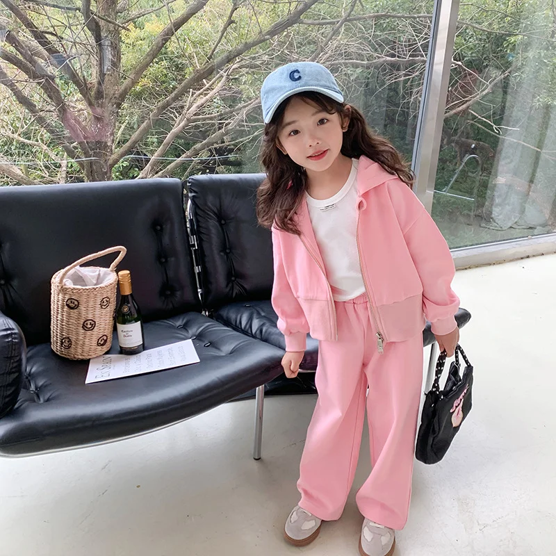 Girls Sportswear 2023 Spring Autumn New Fashionable Baby Solid Color Short Style Hoodie Coat and Casual Pants Two Piece Set