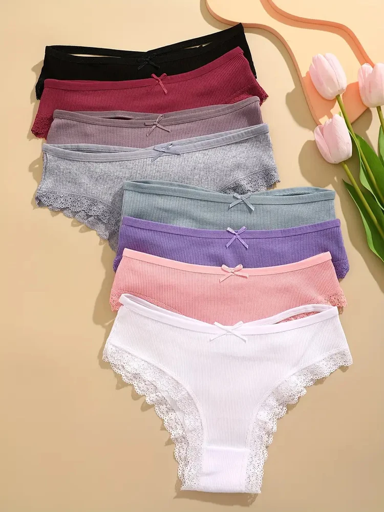 Calzoncillos a rayas de algodón para mujer, ropa interior Sexy de encaje con cinturón cruzado, bragas brasileñas de cintura baja, lencería transpirable, calzoncillos con lazo, 5 uds.