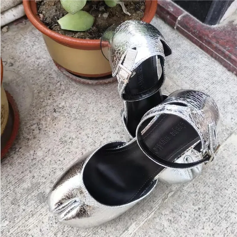 Women Split Toe Pumps Mid Heels Mary Janes Round High Heel Woman Shoes Buckle Strap Shallow Sandals Shoes Solid Color Stylish