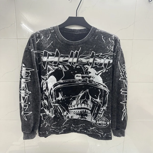 

Hell Star Skull Letter Print High Street Loose Long Sve T-irt Men Women Waed Vintage Sle American Faion Top
