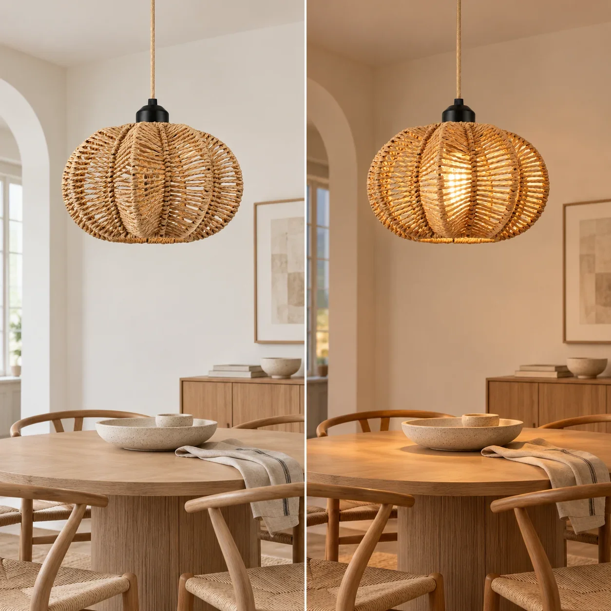 JOYINLED Boho Rattan Hemp Rope Pendant Light With On Off Switch Plug in Cord for Bathroom, Basement, Corner, Vanity Area, Porch