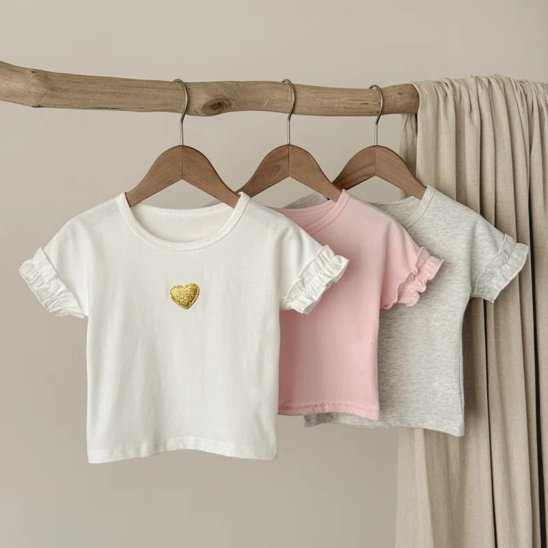 Summer short-sleeved T-shirt for girls, stylish for babies, trendy for children, Korean-style lace flared sleeves, heart-shaped