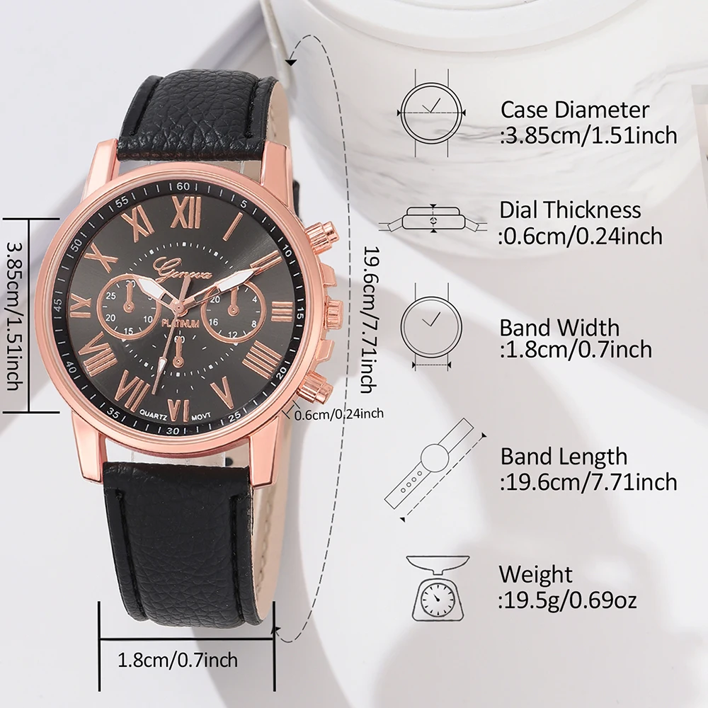 4PCS/Set Black Men Watch Fashionable Roman Numeral Dial Quartz Wristwatch Leather Strap Watch Jewelry Set Gift For Him