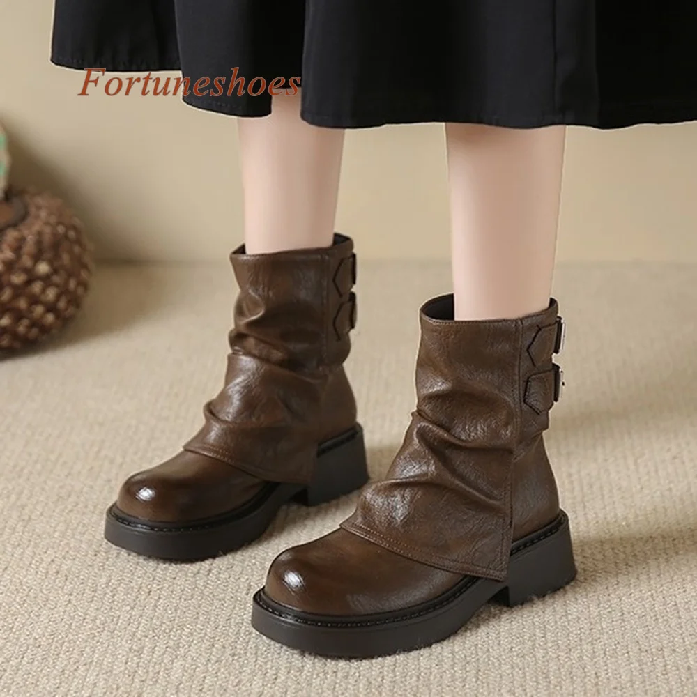 

Chunky Heel Women Mid Calf Boots Elastic Band Belt Buckle Round Toe Autumn/winter Boots Solid Fashion Casual 2024 Newest Boots