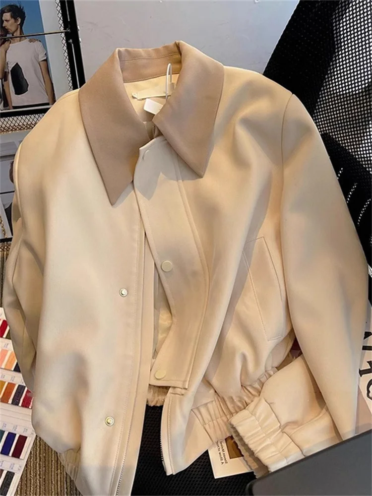 Veste en PU abricot tempérament pour femme, printemps, automne, mince, simple boutonnage, construction cachée, manteau en cuir, fermeture éclair courte, haut de style