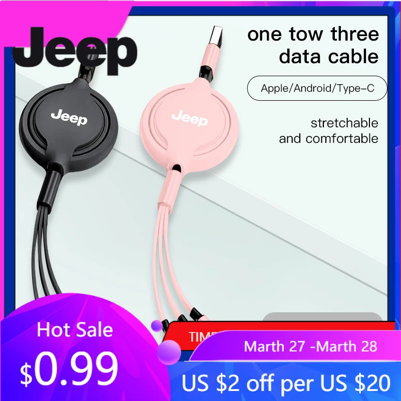 

Кабель для зарядки и передачи данных для салона автомобиля Jeep, выдвижной, 3-в-1, зарядное устройство для телефонов Jeep Renegade, Compass, Grand Cherokee, Wrangler, Patriot