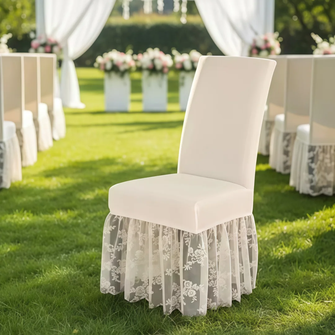 Lace Edge Elastic Milk-Silk Fabric Chair Cover with Skirt Non-Slip Dinning Chair Case Scratch Resistant Dustproof