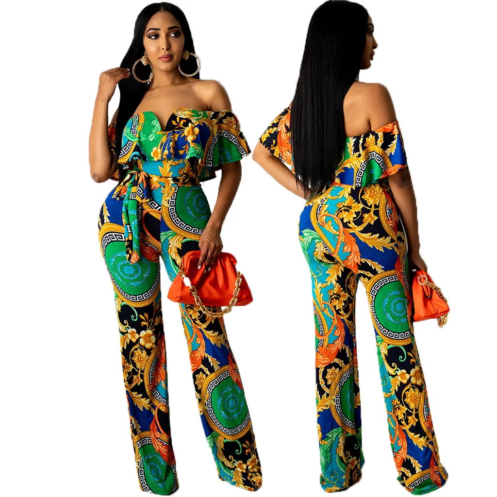 

Women's Baroque Print Off-Shoulder Jumpsuit Set Belted Waist and Wide Leg Design