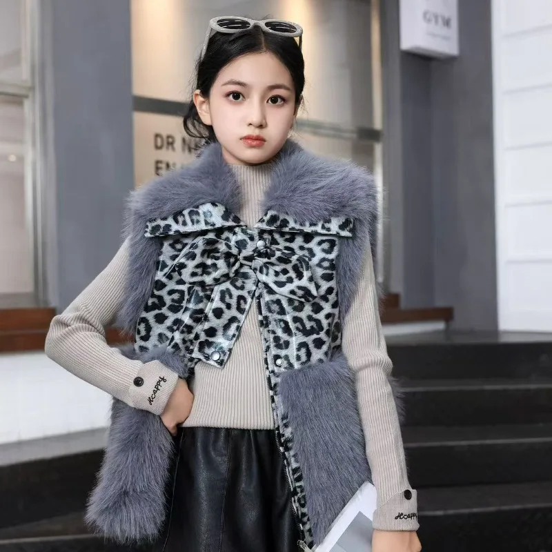 Kids Fur Jacket for Girls Faux Fox Fur Waistcoat Teenage Children Sleeveless Coat Fashion Grey Apricot Outwear 2026 Winter New