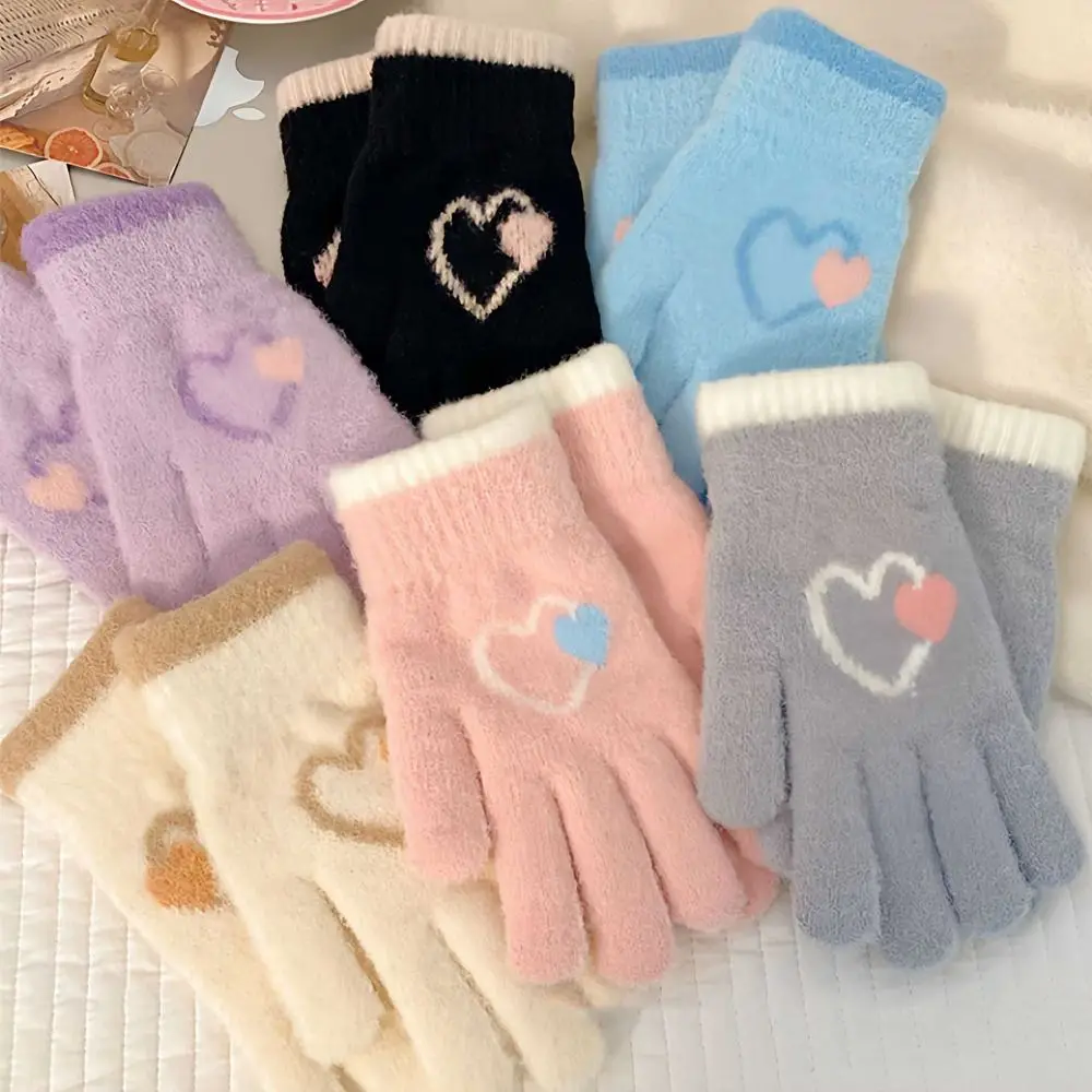 Cute Heart Gloves Finger exposed Comfortable Warm Gloves Thickened Warm Full Finger Gloves Winter