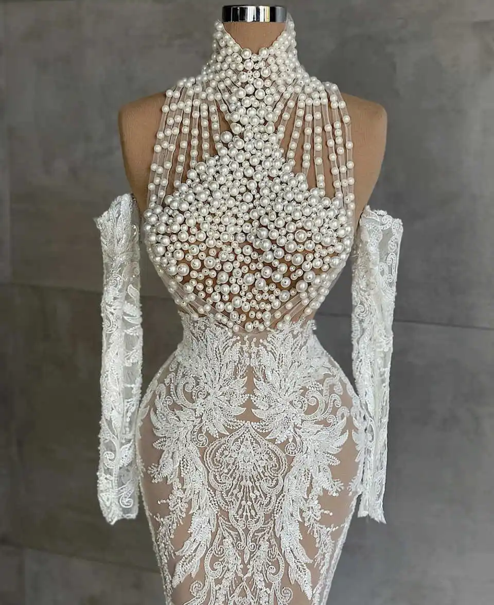 Vestidos de novia de perlas de cuello alto de lujo para mujer, vestidos de novia sexis de manga larga con cuentas, vestido de novia largo hasta el suelo de encaje personalizado
