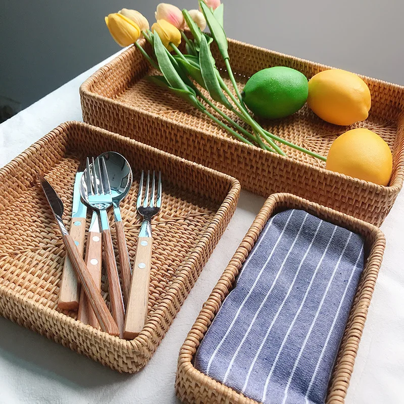 

Vietnam hand woven storage basket rattan woven storage fruit basket rectangular bread display vegetable basket storage basket wi