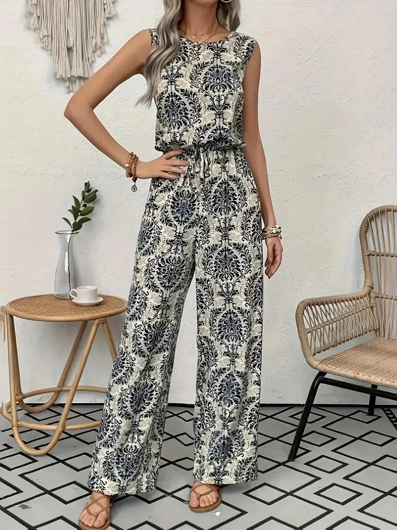 QX Feminino 2025 Poliéster Impresso Calças de Verão 8818 Floral Manga Curta Ternos de Duas Peças Redução de Preço