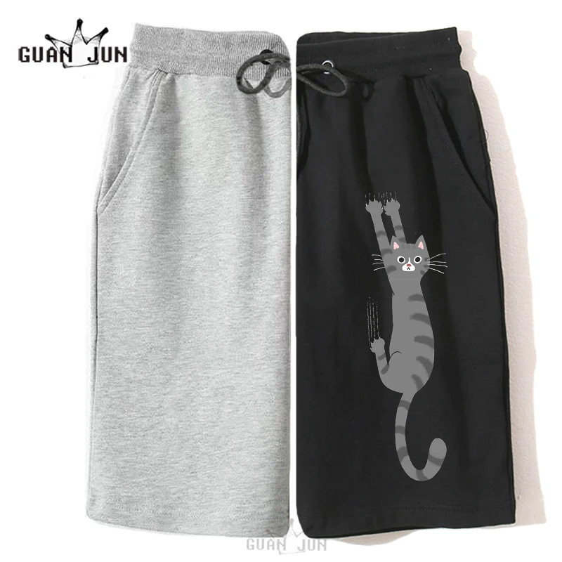 Grey Tabby Cat Hanging on Casual Cotton Shorts Women Men Workout Shorts Funny Gray Striped Cat Holding on With Claws Streetwear