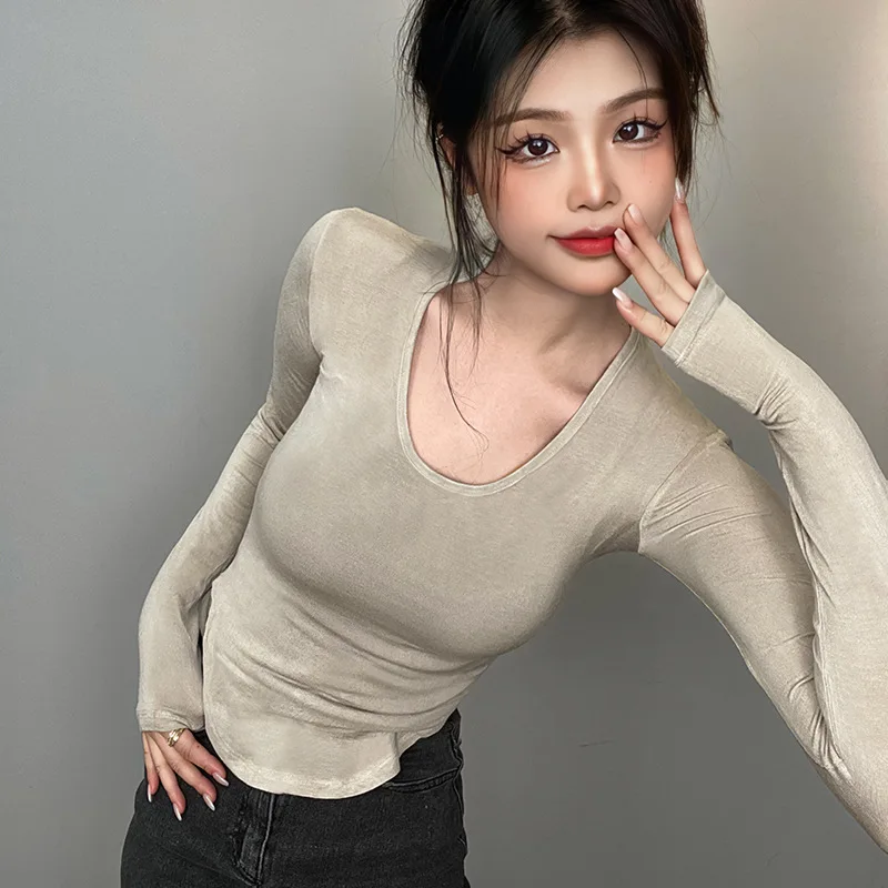 Dongdaemun Slim Fit Sexy Pure Desire Style Low-Cut Figure-Flattering Curved Hem Long Sleeve T-Shirt for Women   610R