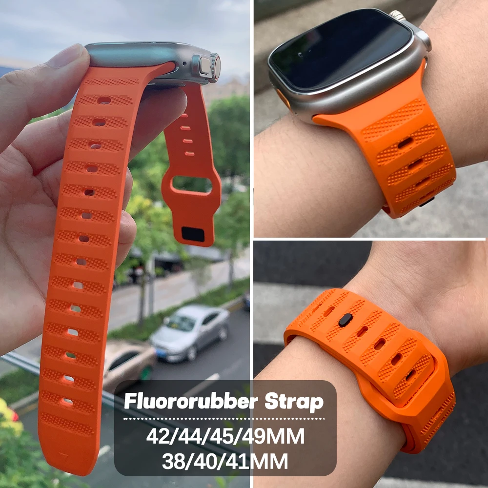 Fluororubber Band for Apple Watch Sport Strap Ultra 2 49/45/44/42mm Luxury Rubber Soft Strap Iwatch Ultra9 8 7 Se 6 5 Watchband