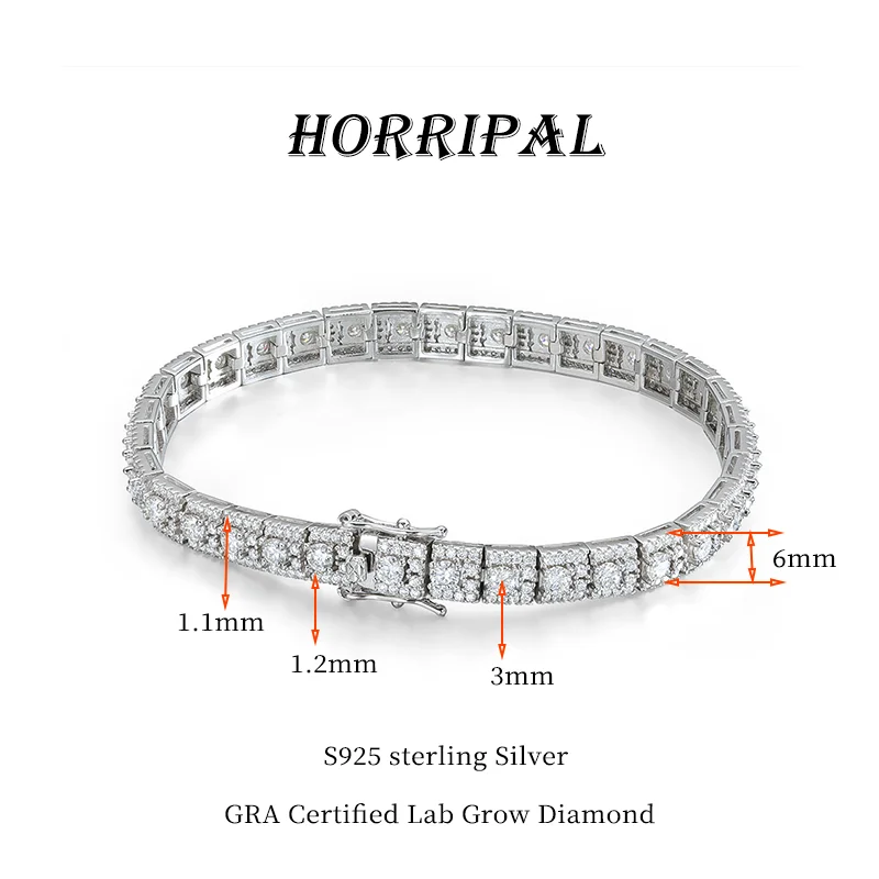 HORRIPAL Full D VVS1 6MM Moissanite Tennis Bracelet For Men Women GRA Certified Lab Diamond S925 Sterling Silver Fine Jewelry