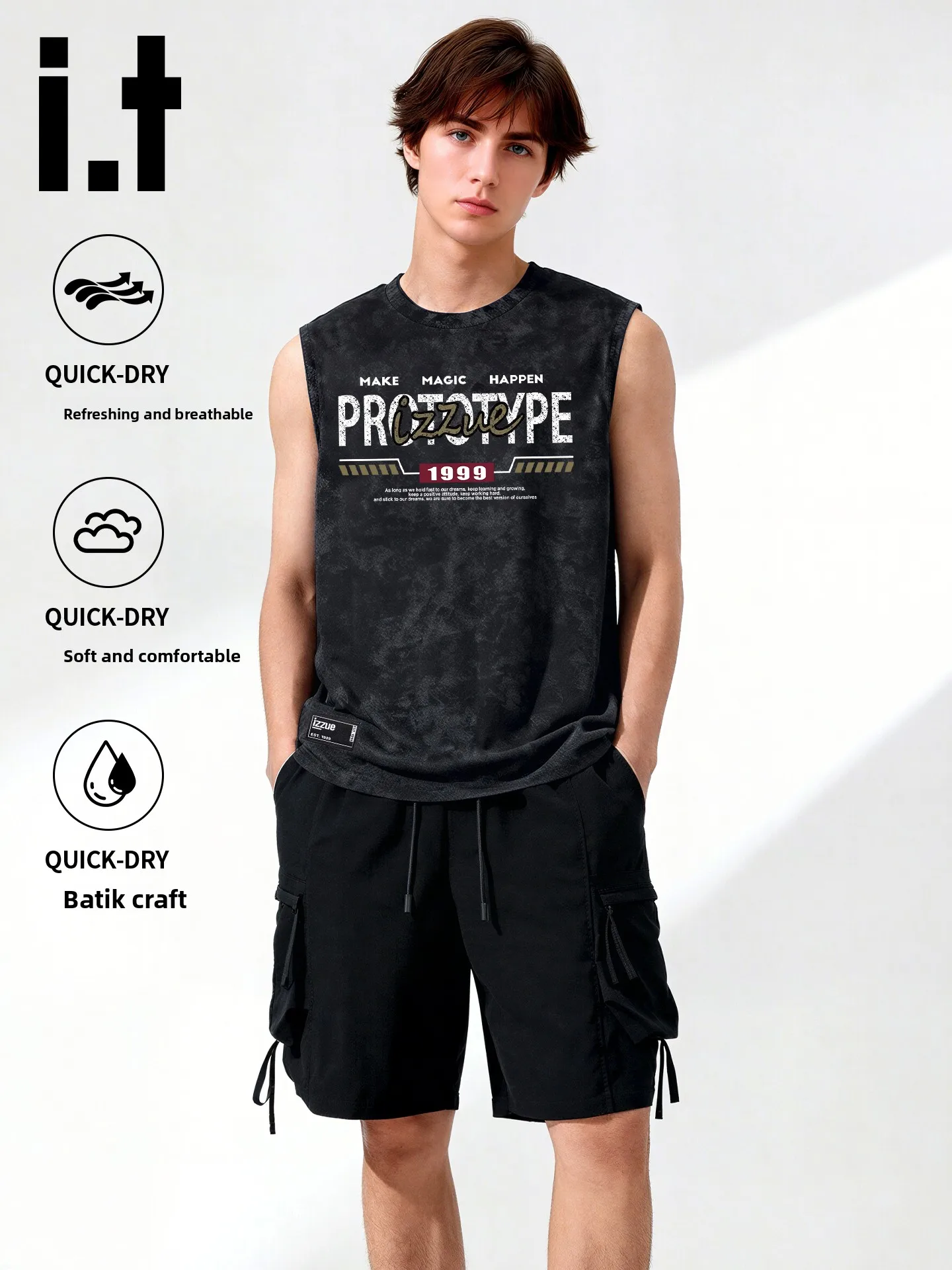 

Izzue Men's Summer Sport Fitn Svel Vest And Five-Quarter Pants Casual Wear Two-Piece Set Youth Cotton Polyester Blend