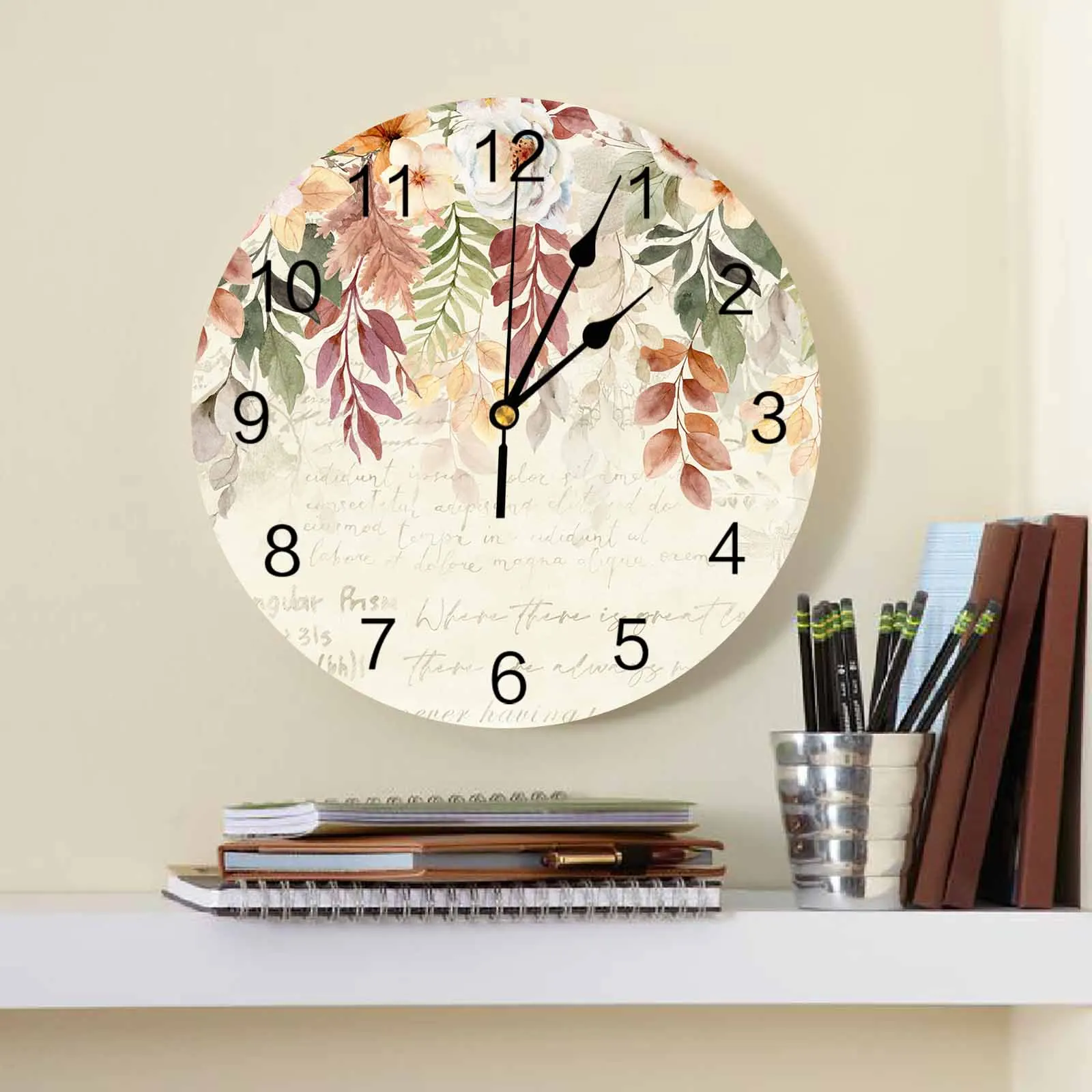 Autumn Thanksgiving Plant Leaves Flower Beige Letter Wall Clock Modern Silent Clock Living Room Home Decor Wall Hanging Watch