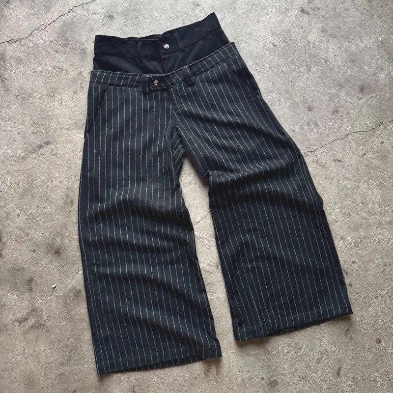 

Y2K Retro Double Waisted Trousers Stripe Simple Dark Versatile Wide Leg Pants American High Street Streetwear Unisex Baggy Pants