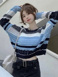 Zoki Hollow Out Sexy Women Knitted Sweater Striped Sweet Loose Pullovers Korean Fashion Long Sleeve O Neck Casual Jumpers Autumn