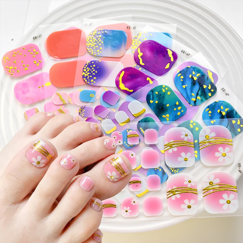 22Tips Shiny Toenail Art Polish Wraps Gradient Floral Nail Stickers With Gold Foil Full Cover Self-Adhesive Decals For Pedicure