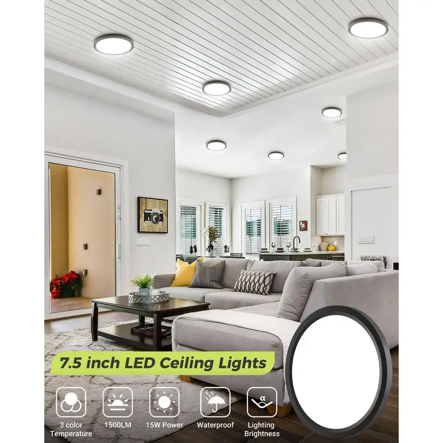 6PACK LED Flush Mount Ceiling Light, 3CCT Selectable 3000K4000K6500K 100W Equivalent Modern Kitchen Ceiling Light Fixture 15W 1