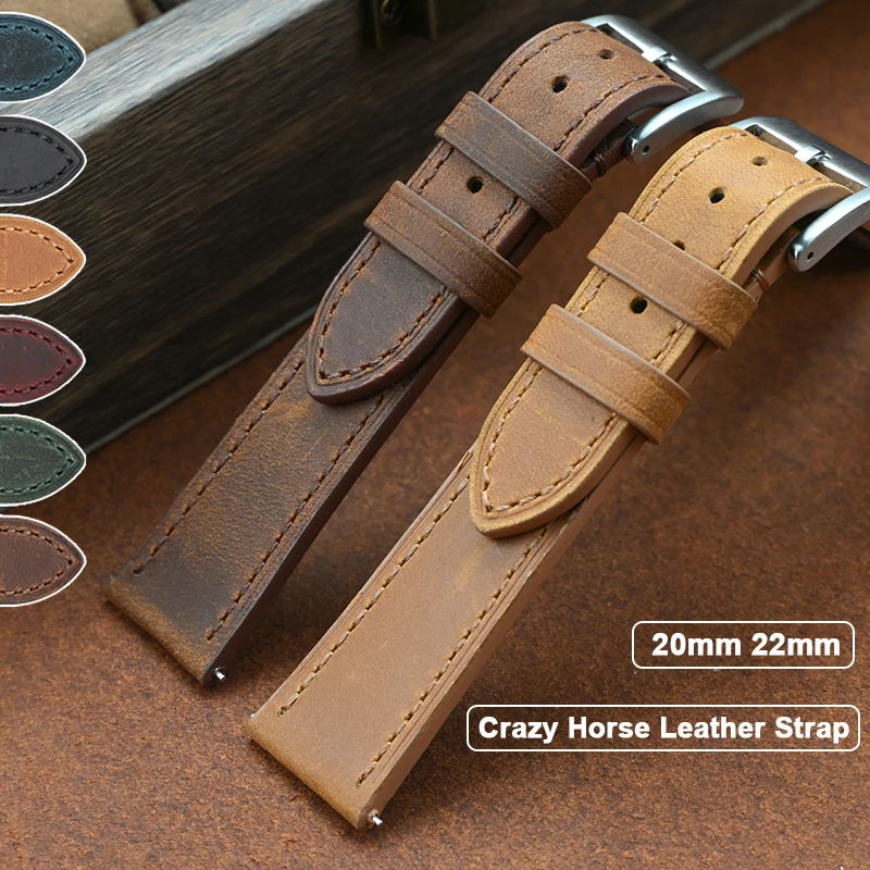 

Crazy Horse Leather Strap 20mm 22mm Handmade Vintage Quick Release Women Men Genuine Cowhide Bracelet Band Watch Accessories