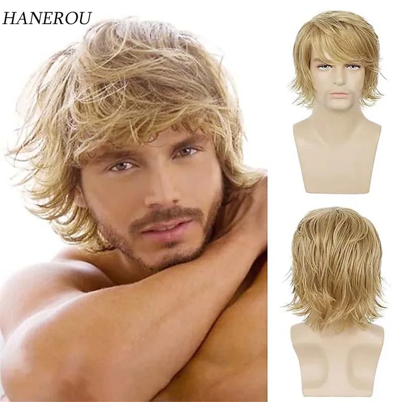 Long Blonde Synthetic Natural Wave Wigs Puffy Hair For Young Men Cosplay Rock Party Fluffy Nightclub Bar Wigs