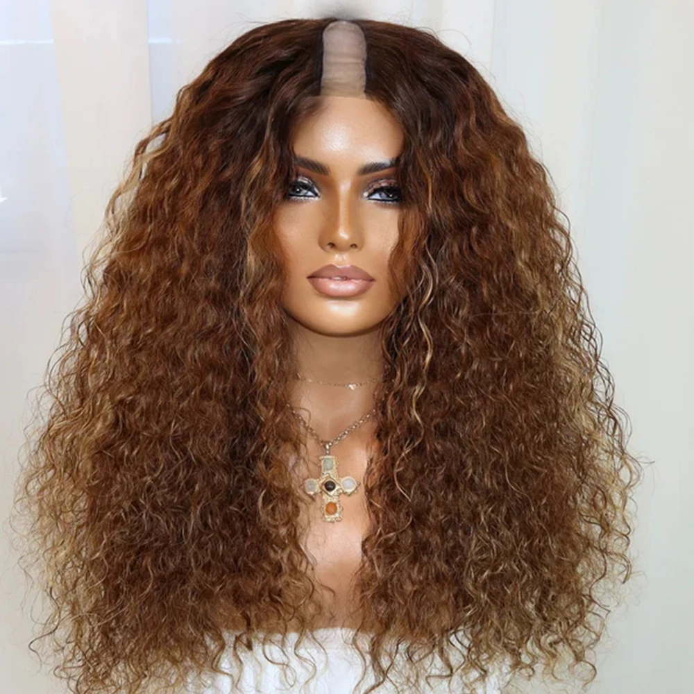Afro Black Women's U Part Wig Easy Wear 250%Density Highlight Honey Brown Natural Curly 1x4 V Part Indian Human Hair Wigs Remy