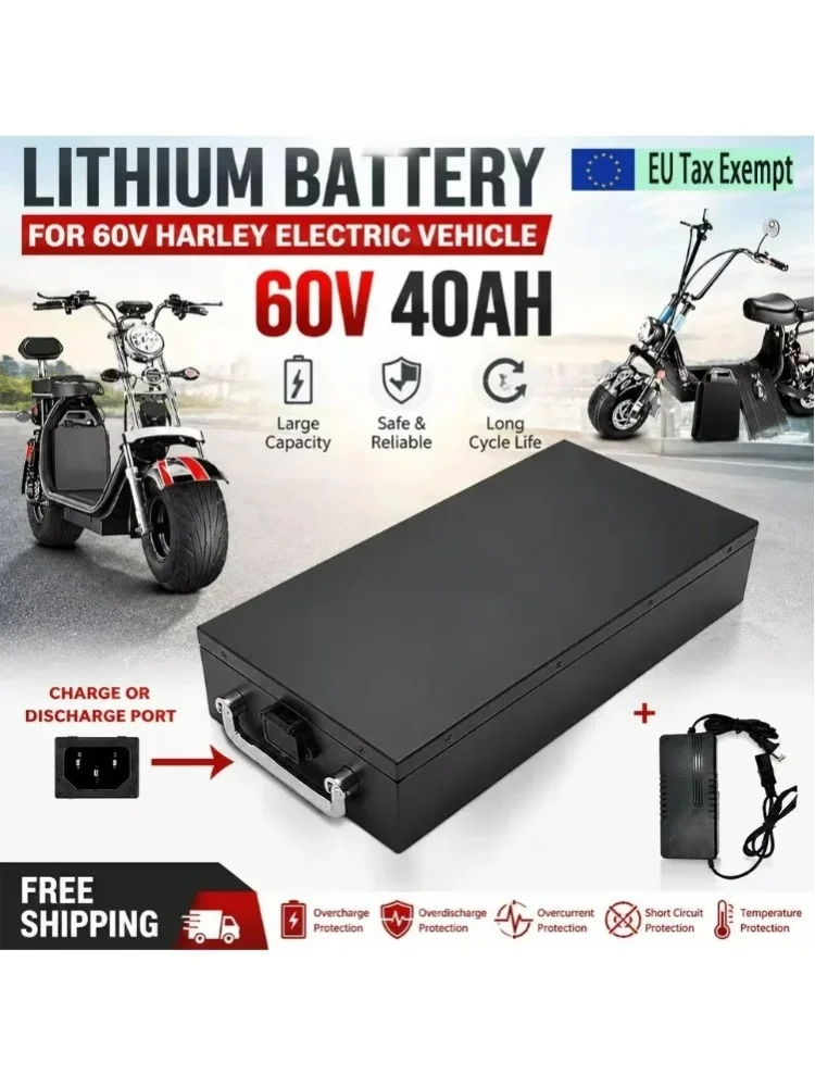 Hochwertiger 60V 40Ah Lithium-Ionen-Akku für Elektromotorräder, geeignet für Harley-ähnliche zweirädrige faltbare Citycoco-Elektroroller, mit 2000W hoher Leistung, ausgestattet mit intelligentem BMS