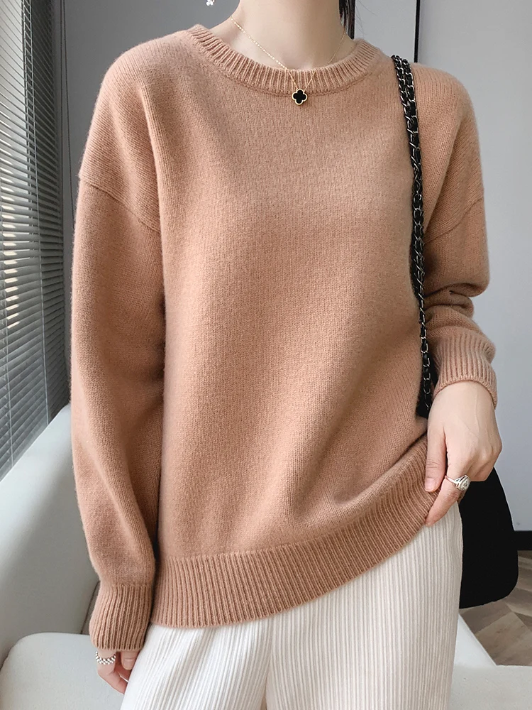 Fashion Elegant Autumn Winter Women O-Neck Cashmere Sweater 100% Merino Wool Pullover Loose Comfort Female Knitwear Clothing