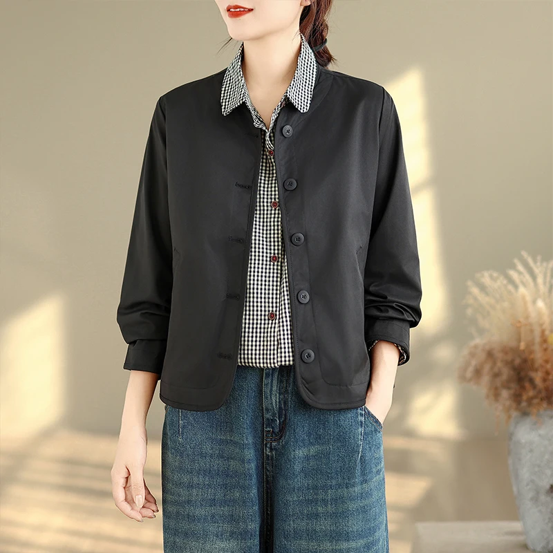 Hohe Qualität Frühling Herbst Damen Jaet Einfacher vielseitiger Stehkragen ort Sle Faionable Top Polyester Baumwollmischung