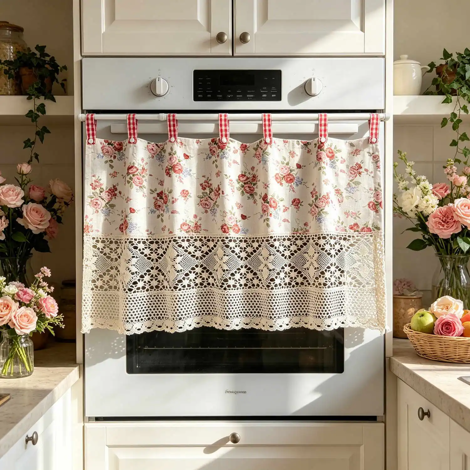 1PC Bohemia Floral Stitching Short Curtain, Tab Top Oven Curtain for Kitchen, Study, Living Room, Door Drape With Hidden Button