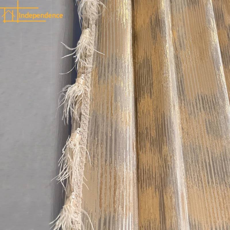 Gold Wire Gradient Vertical Texture Feather Splicing Curtains for Living Room Bedroom French Window Customized Products