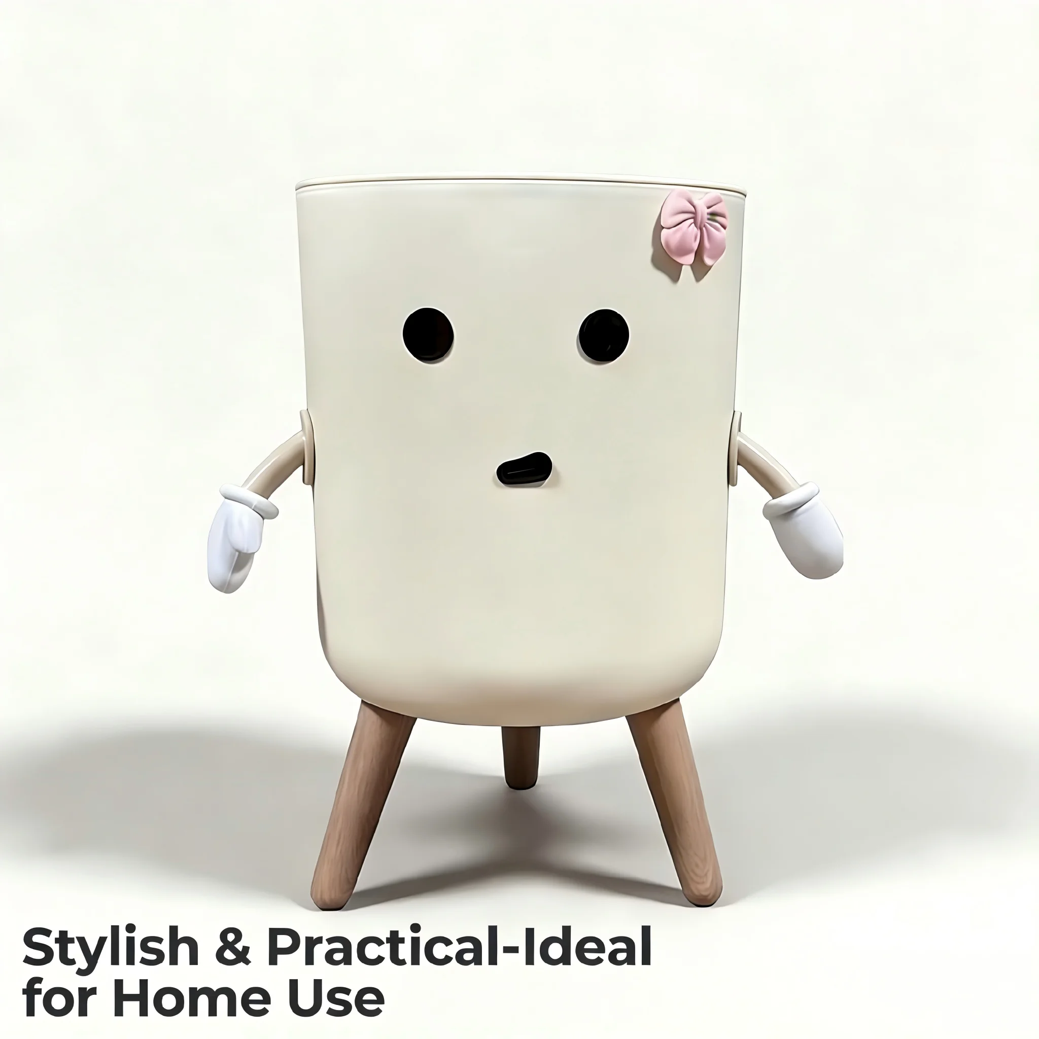 Cute Cartoon Trash Can with Flip Lid, Cream White Aesthetic Waste Basket with Faux Wood Legs, Small Decorative Garbage Bin for B