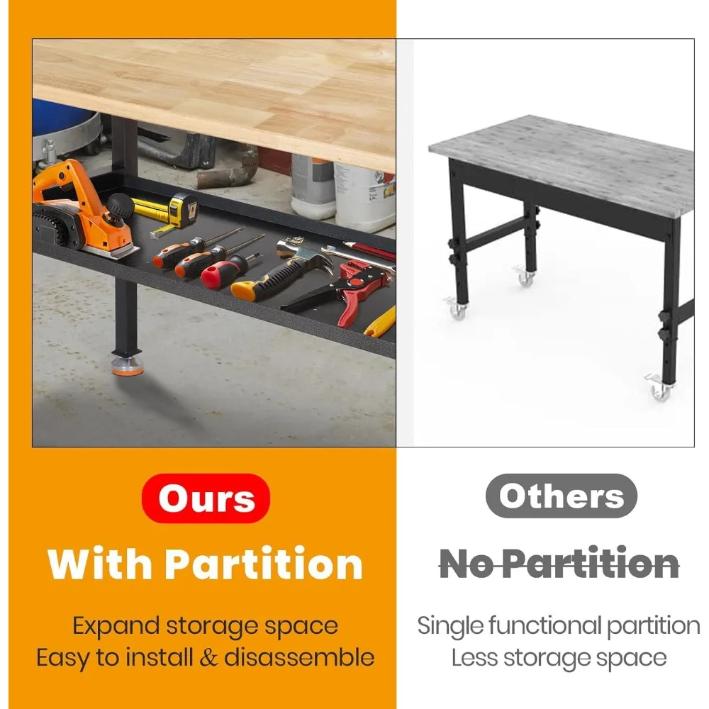 โต๊ะทำงานปรับระดับได้สำหรับงานหนัก พร้อมท็อปไม้ยางพารา ช่องเสียบปลั๊กไฟ ฉากกั้น และรับน้ำหนักได้ 2000 ปอนด์ สำหรับใช้งานในอุตสาหกรรม