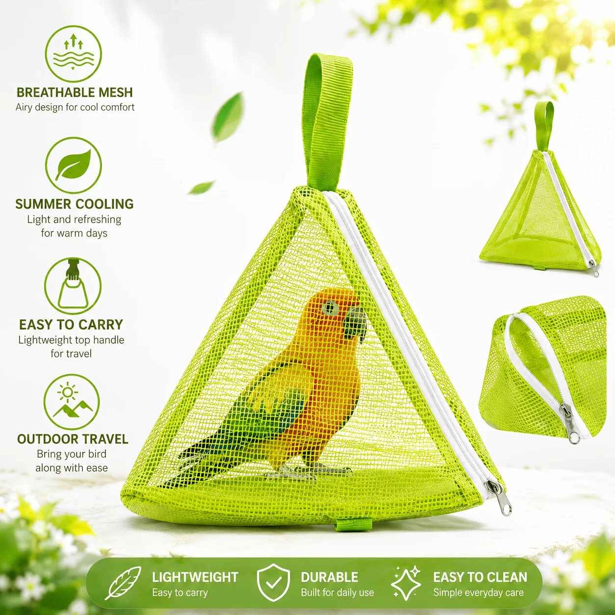 Triangle Bird Travel Carrier 27cm Foldable Breathable Mesh Bag with Perch 50g Lightweight Portable for Parrot Parakeet