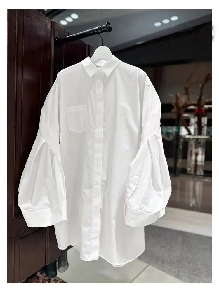 SAC Japanese pleated splicing bubble sleeve shirt skirt loose wide version long shirt
