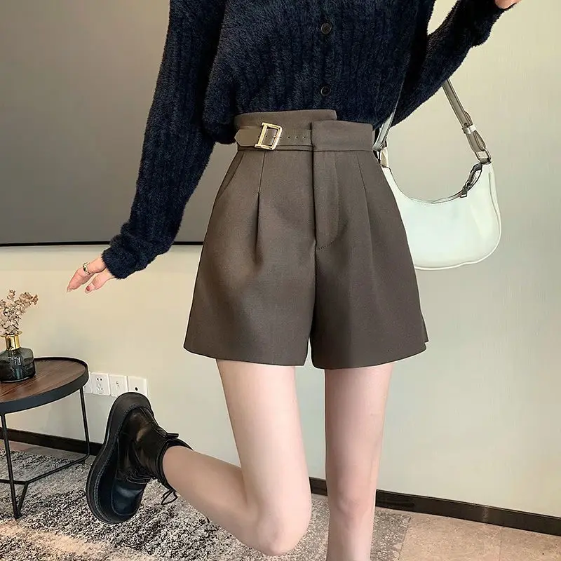 Shorts feminino alto streetwear estilo elegante botão bolso zíper voar perna larga solto ajuste chique senhora do escritório urbano commuter alfaiataria