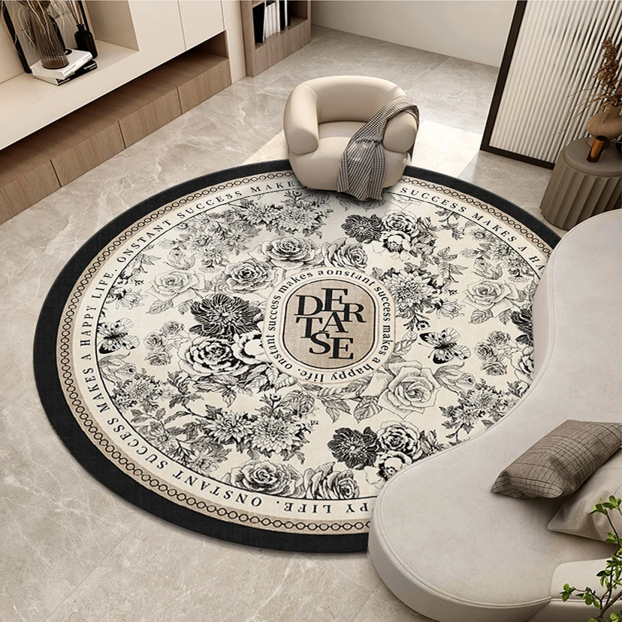 Round Floral Printed Chair Floor Mat Point-Plastic Anti-Slip Backing Machine-Washable Circular Rug In Cm Diameters Computer