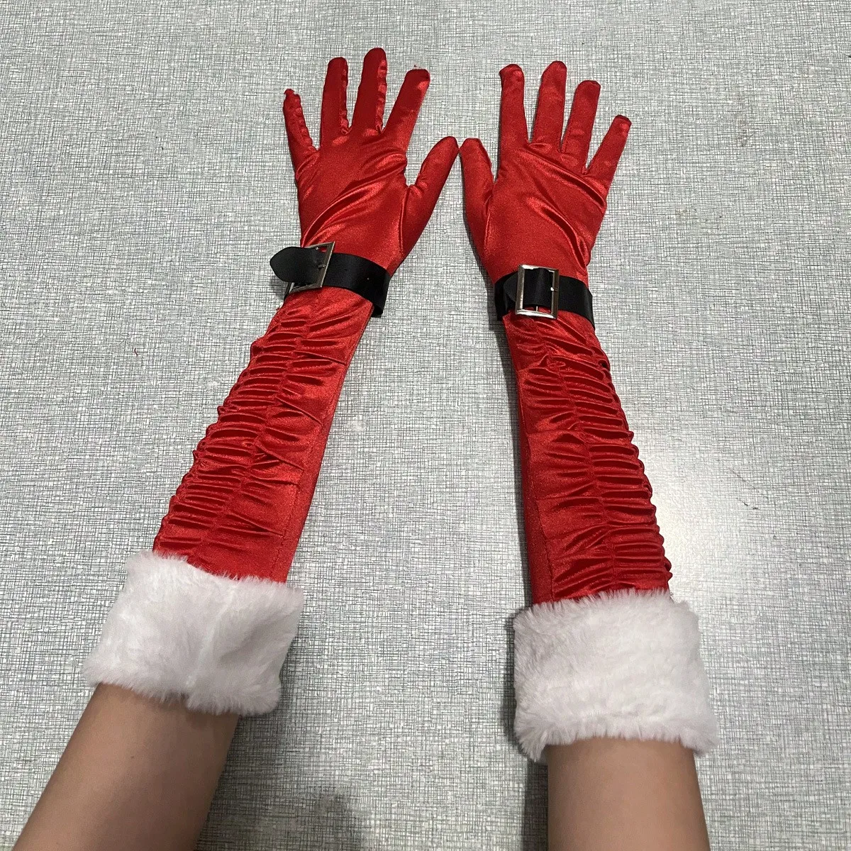 

Women Christmas Velvet Gloves With Belt Buckle Contrast Color Long Gloves For Festival Party Cosplay Dance