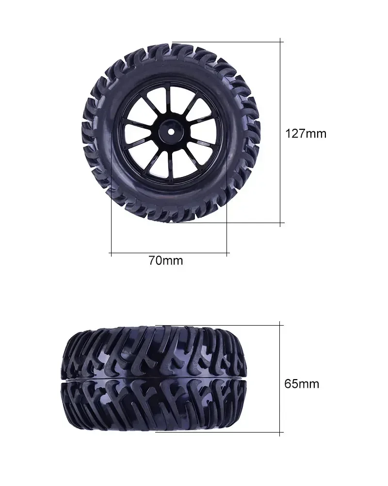 Rcモンスタートラックタイヤとホイールリム、ゴム、1:10, 125mm、ナイロン付き六角、4mmロックナット、trxs、himoto、hsp、hpi、redcat、4個