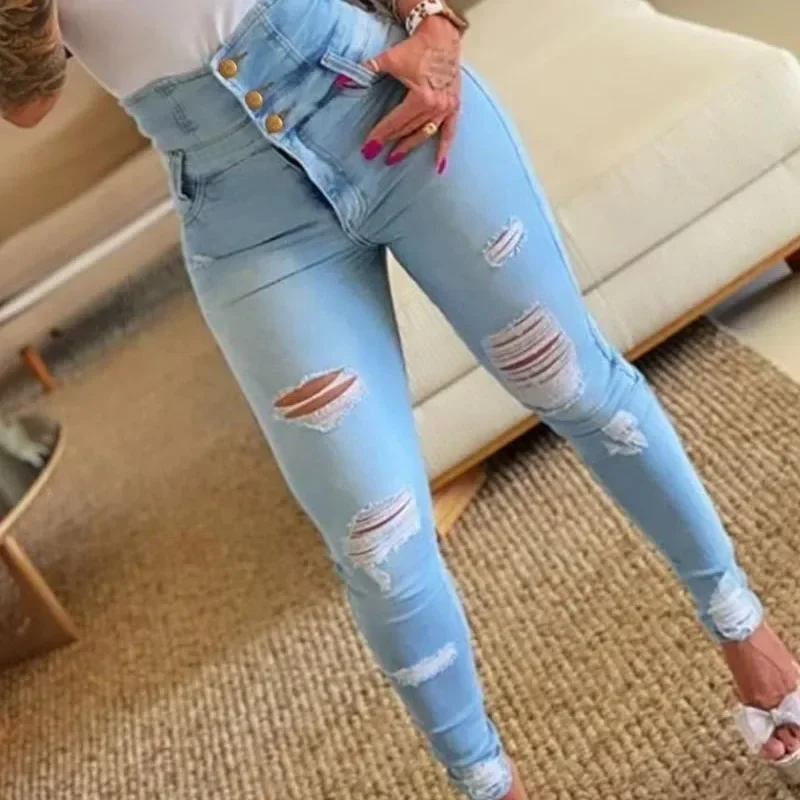 女性ジーンズユーズド加工デニムペンシルパンツ洗濯スリムフィットポケットストリート穴夏フラットボタンフライわずかなストレッチ 2025