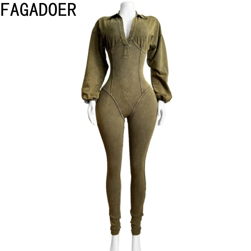 FAGADOER Fashion Solid High Quality Ribber Bodycon Jumpsuits Women V Neck Long Sleeve Slim Playsuits Female Elasticity Overalls