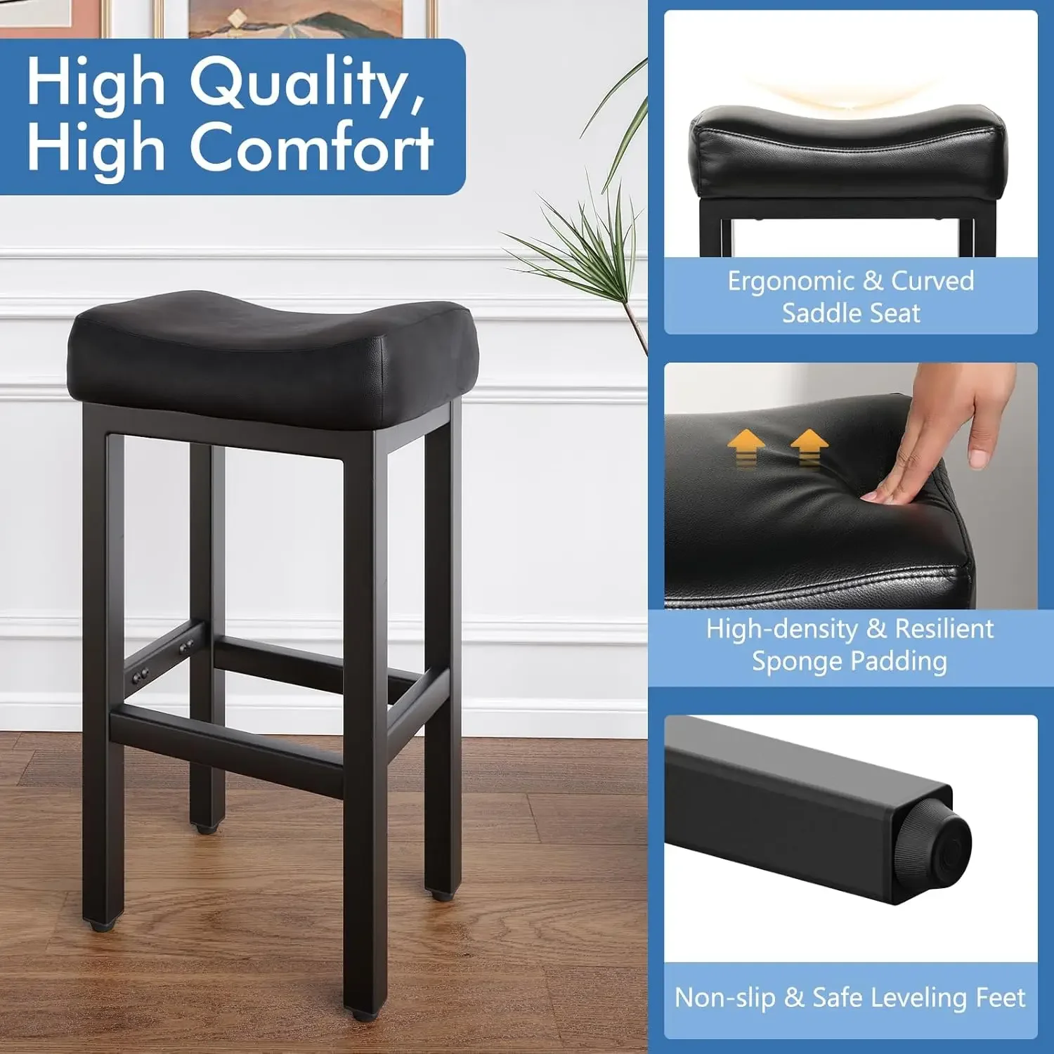 29 Inch Bar Height Bar Stools Set of 2, 29" Barstools for Kitchen Island Counter, Backless Bonded Leather Bar Height Stools