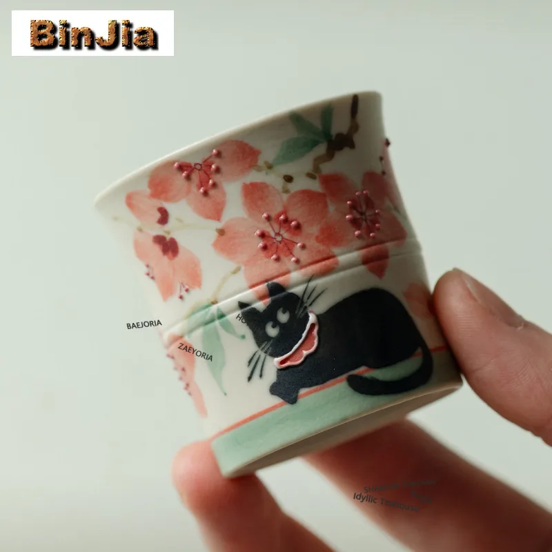 50ml Hand-painted Cherry Blossom Cat Teacup Antique Tea Bowl Beautiful Tea Cup Tea-tasting Smelling Cup Jianzhan Master Cups Cha