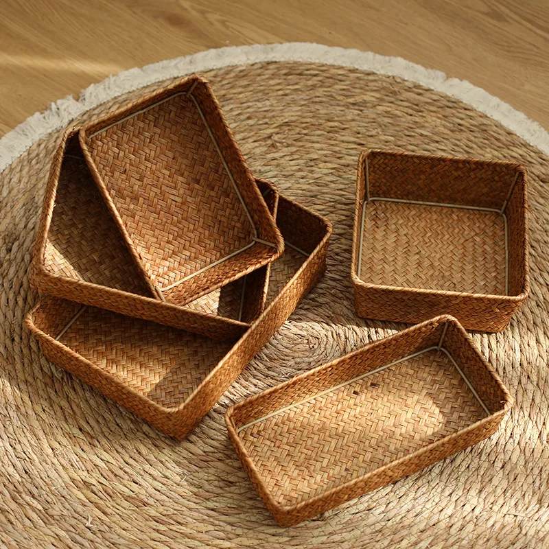Seaweed Woven Desktop Clutter Box Toiletries and Skincare Products Sorting Basket Coffee Table Remote Control Key Storage Basket